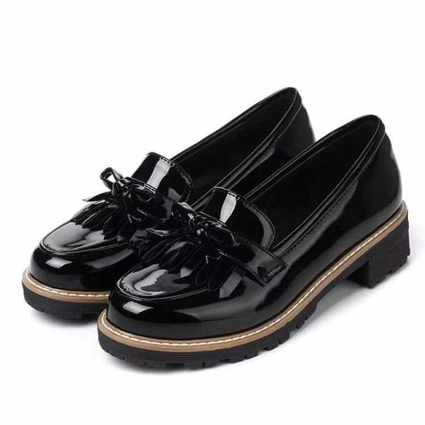 Tassel bow patent leather round head molded sole casual student shoes_vogvips.com
