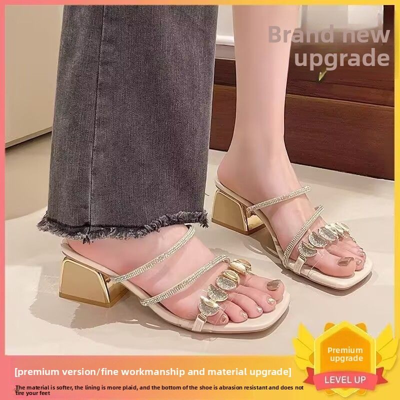 Women's Summer Outdoor Slippers 2025 New Trendy Rhinestone Shoes Fashion Chunky High Heels Mid Heel One-Strap Sandals_vogvips.com