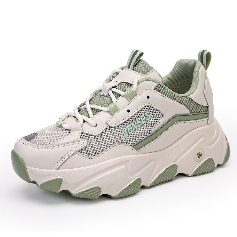 New Height Increasing Dad Women's Soft Sports Shoes, Mesh Breathable Thick Soled Travel White Shoes C63_vogvips.com