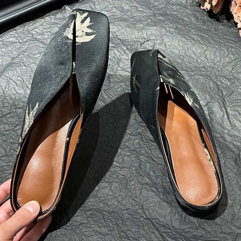 Women's Shoes Printed Single Shoes For Women, French Style Flat Elegant Closed Toe Half Length Slippers For Outdoor Wear._vogvips.com
