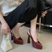 Women's Pointed Toe High Heel Platform Sandals With Metal Buckle - Chunky Heel Slip-On Backless PU Leather Dress Shoes (Black, Burgundy)_vogvips.com