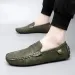 Men Olive Green Penny Loafers Shock Absorption Slip On Driving Shoes With White Stitching And Gold Accent_vogvips.com