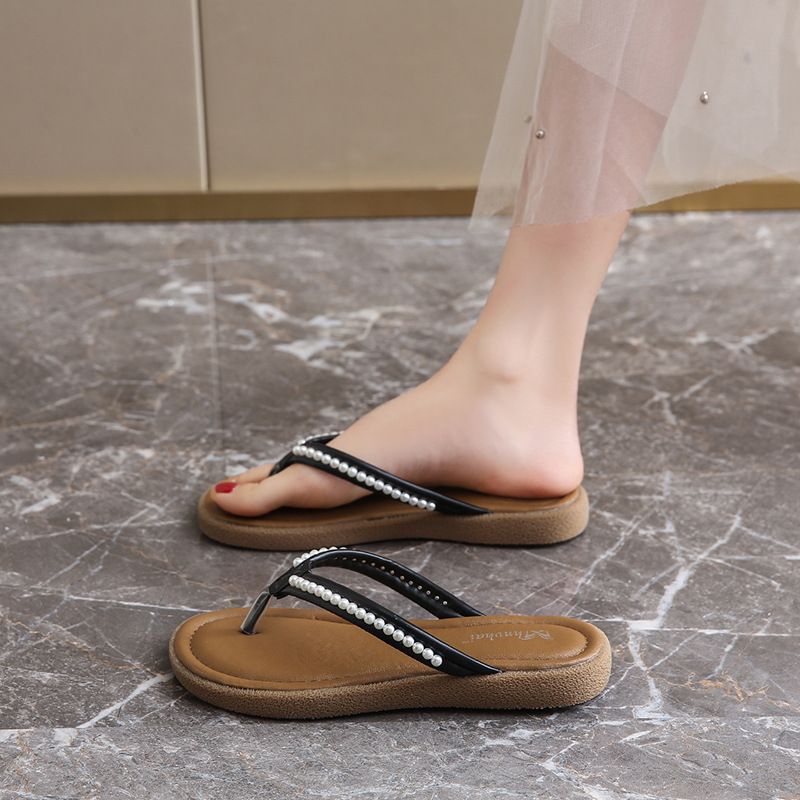 Stunning Pearl Flip-flops For Women, Summer Outdoor Wear, 2026 New Style—pair With Dresses, Seaside Beach Shoes, Flat Thong Sandals._vogvips.com