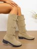 Women's Chunky Heel Wide Calf Knee High Boots With Buckle Detail & Stacked Wrinkles - Soft Suede & Genuine Leather - Round Toe Mid Heel Boots_vogvips.com