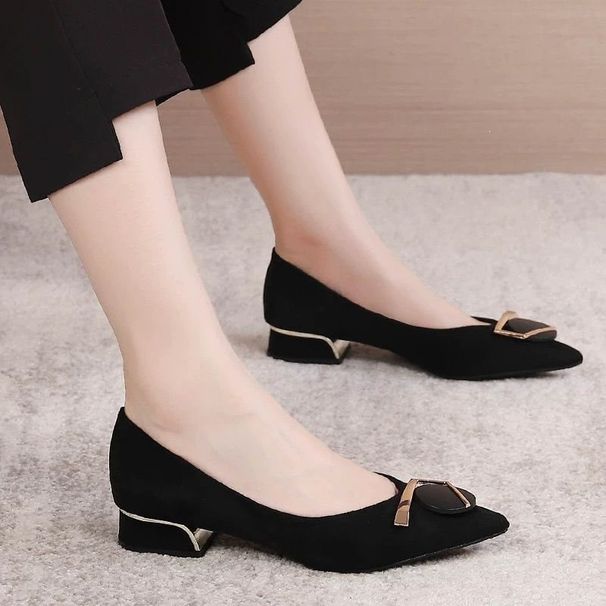 French-style Elegant Work For Women, 2026 Spring Collection, Black Suede Pointed Toe With Metal Buckle, Comfortable And_vogvips.com