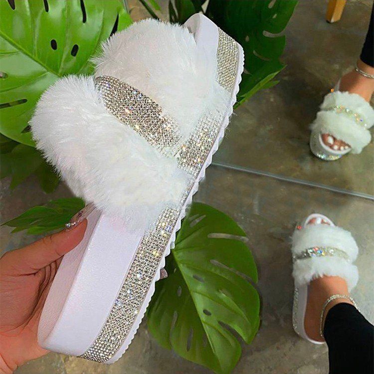 Women's Faux Fur Slide Sandals With Rhinestones - Plush Comfort Platform Slippers For Everyday Wear Women's Shoes_vogvips.com