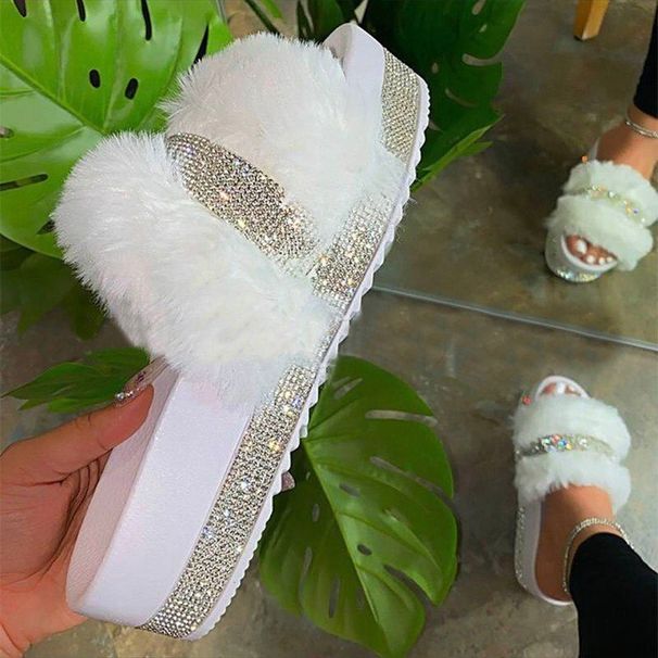Women's Faux Fur Slide Sandals With Rhinestones - Plush Comfort Platform Slippers For Everyday Wear Women's Shoes_vogvips.com