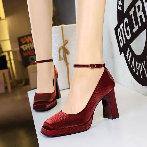 High Heels Wedding Shoes Thick Heel Super High Heel Waterproof Table Satin One-word Belt Single Shoes_vogvips.com