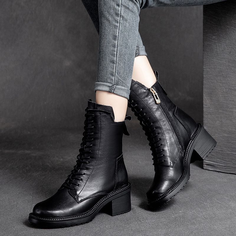 Shanghai Jie Zou Winter New Cotton Round Toe Polished Retro Cowhide Women's Shoes Fashion High-top Versatile Casual_vogvips.com