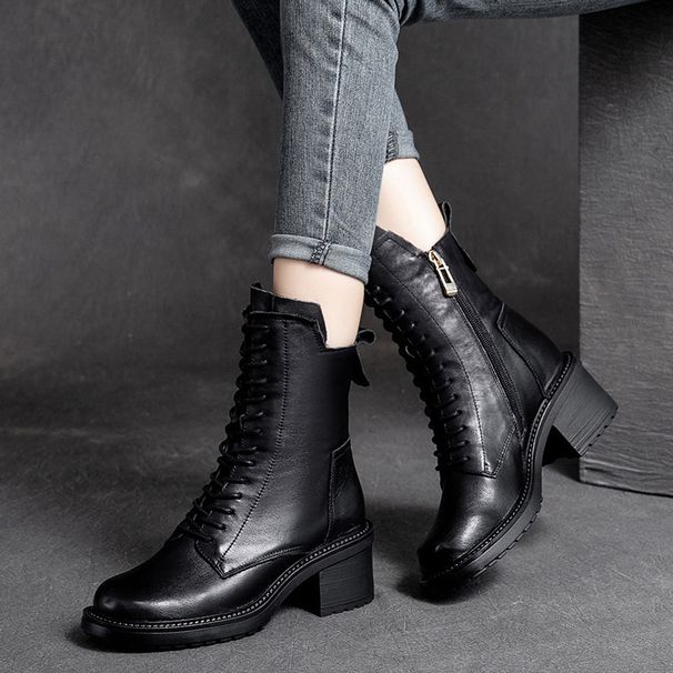 Shanghai Jie Zou Winter New Cotton Round Toe Polished Retro Cowhide Women's Shoes Fashion High-top Versatile Casual_vogvips.com