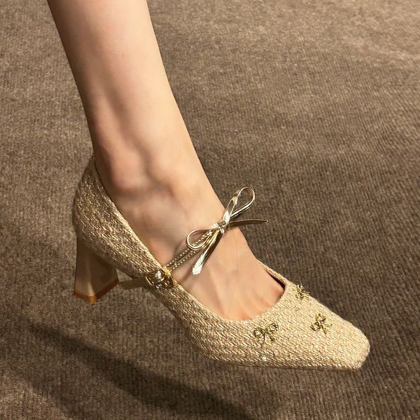 New Season Arrival: French-style Square-toed High Heels For Women With Chunky Heel, Bow Detail, And Mary Jane Design_vogvips.com