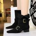 9625-1 Retro Style Western Square Toe Belt Buckle Mid Chunky Heel Suede Ankle Fashion Short Mid-Calf Women's Boots_vogvips.com