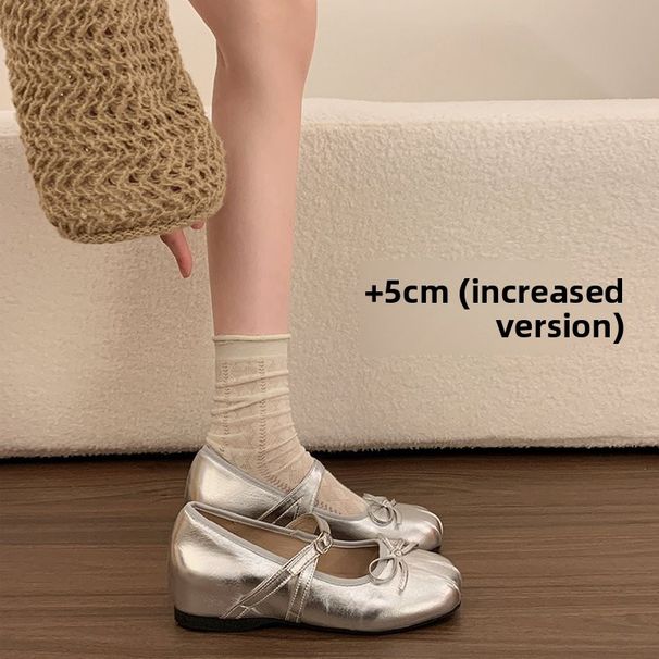 Soft Leather Version ~ 5cm Internal Height Increase, Shallow Mouth, New Spring Mary Jane Women's Cute Bow Ballet Silver_vogvips.com