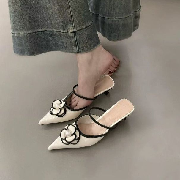Fashionable French Pearl Flower High Heels 2025 Spring And Summer Pointed Thin Heel Sandals With Toe Caps, Elegant Fairy_vogvips.com