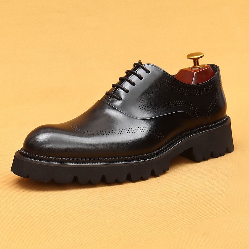 Men's leather dress shoes business casual thick sole increase Brock carved wedding shoes_vogvips.com