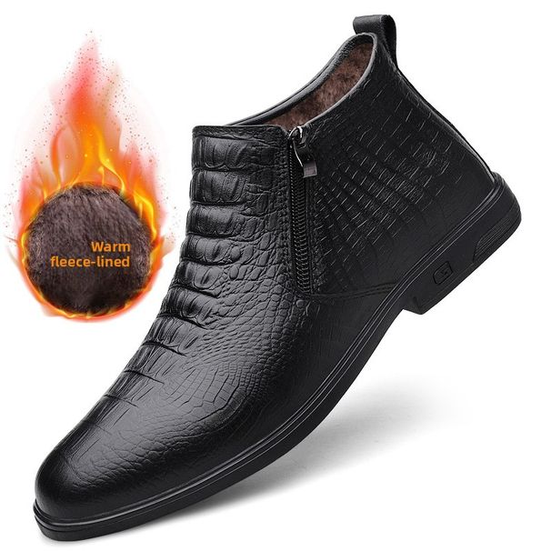 Men's Shoes Casual Leather Shoes Men's Soft-soled Lazy Shoes Warm Fleece Short Boots Medium Help Tooling Shoes Martin Boots_vogvips.com