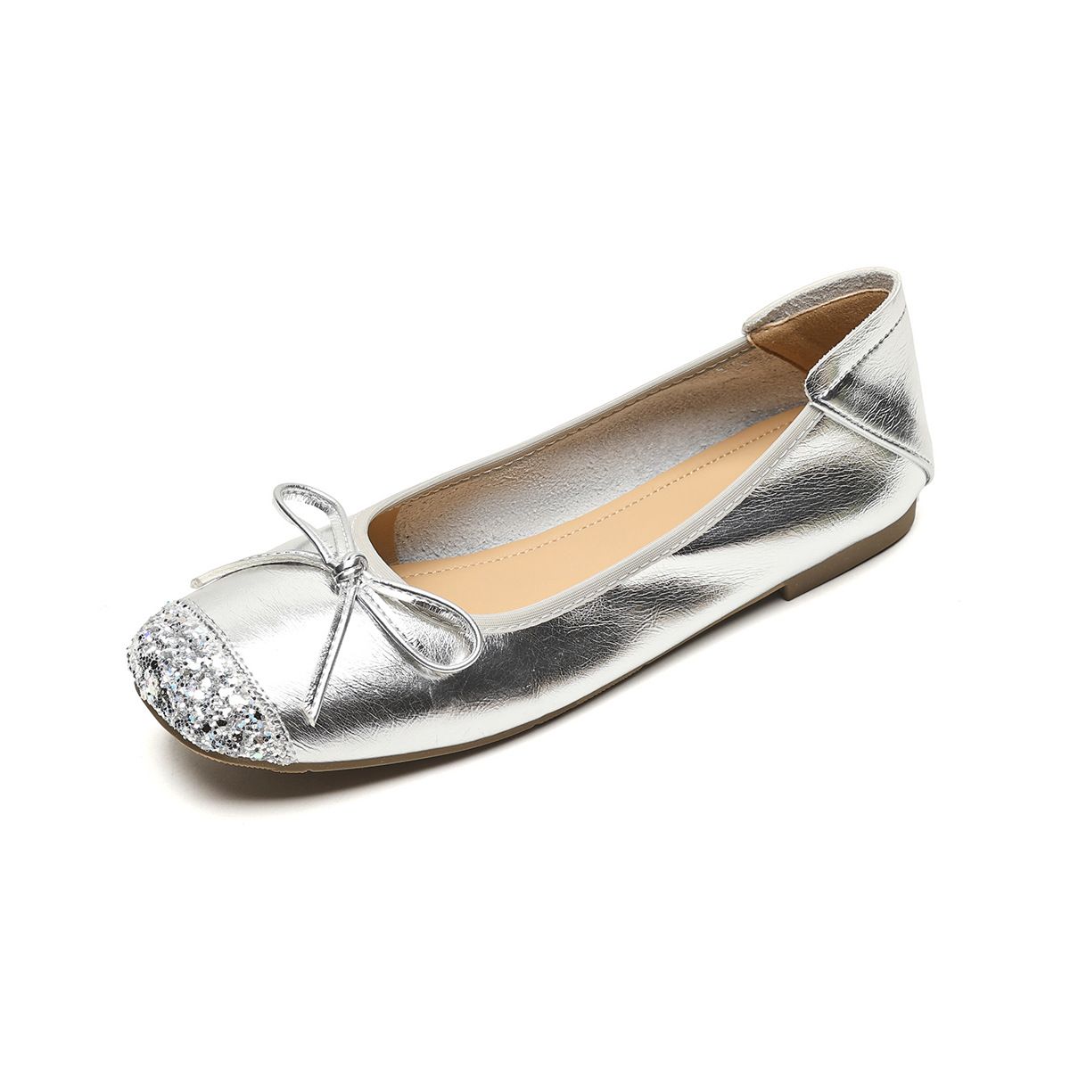 French Single Shoes Women's Flat Bow Grandma Shoes Soft Sole Light Mouth Silver Mary Jane Shoes_vogvips.com
