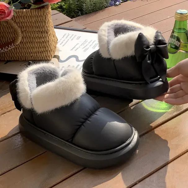 Cute Warm Ankle Boots Winter Women's Bow Warmth Plush Bow Cotton Shoes 2024 New Waterproof Down Cloth Short Barrel Snow Boots_vogvips.com