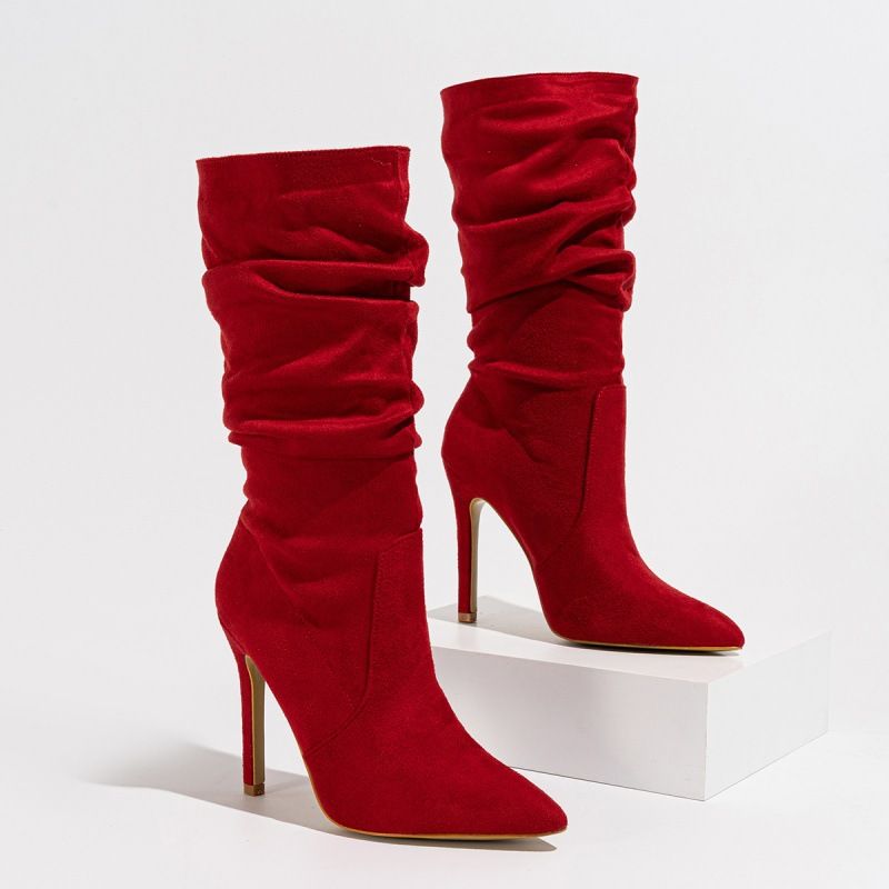 Elegant Women's Stiletto Boots - Chic Pointed Toe Slip-On Mid-Calf Suede Boots With PU Lining & Comfortable Rubber Sole_vogvips.com