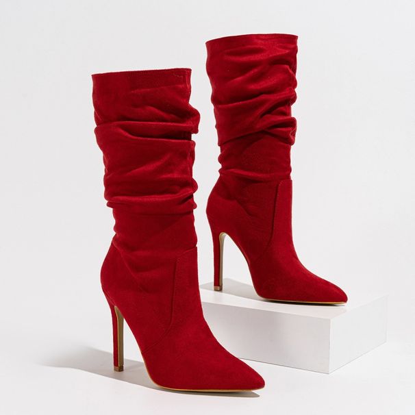 Elegant Women's Stiletto Boots - Chic Pointed Toe Slip-On Mid-Calf Suede Boots With PU Lining & Comfortable Rubber Sole_vogvips.com