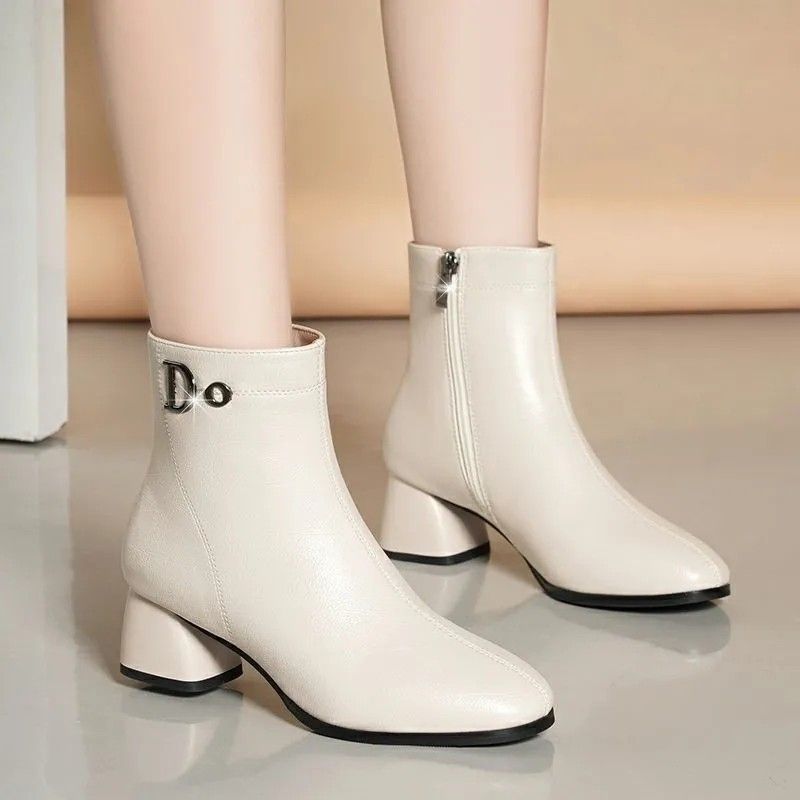 Chunky Short For Women 2025 Autumn Winter High Heel Fleece-Lined New Fashion Versatile Thin Women's Boots_vogvips.com