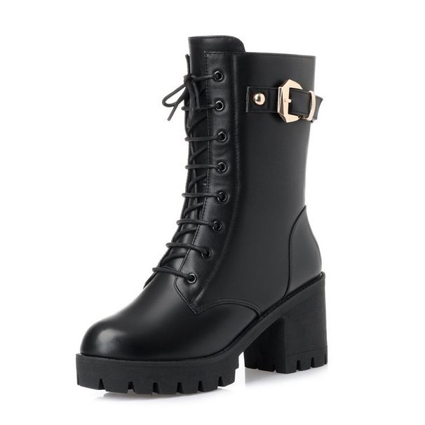 Women's Winter Mid-Calf Boots With Faux Fur Lining, Chunky Heel & Buckle Detail - Waterproof Platform Ankle Boots For Cold Weather_vogvips.com
