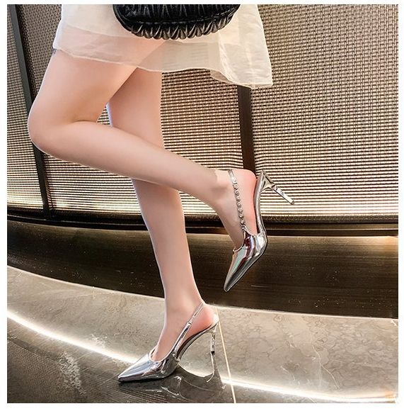 New Pointed Shallow Mouth Rhinestone Patent Leather Silver High Heels Women Thin Heel Versatile Professional One-Strap_vogvips.com