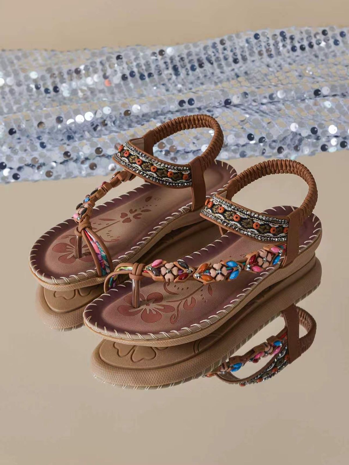 Floral Rhinestone Bohemian Style Flat Sandals For Women Beach Casual_vogvips.com