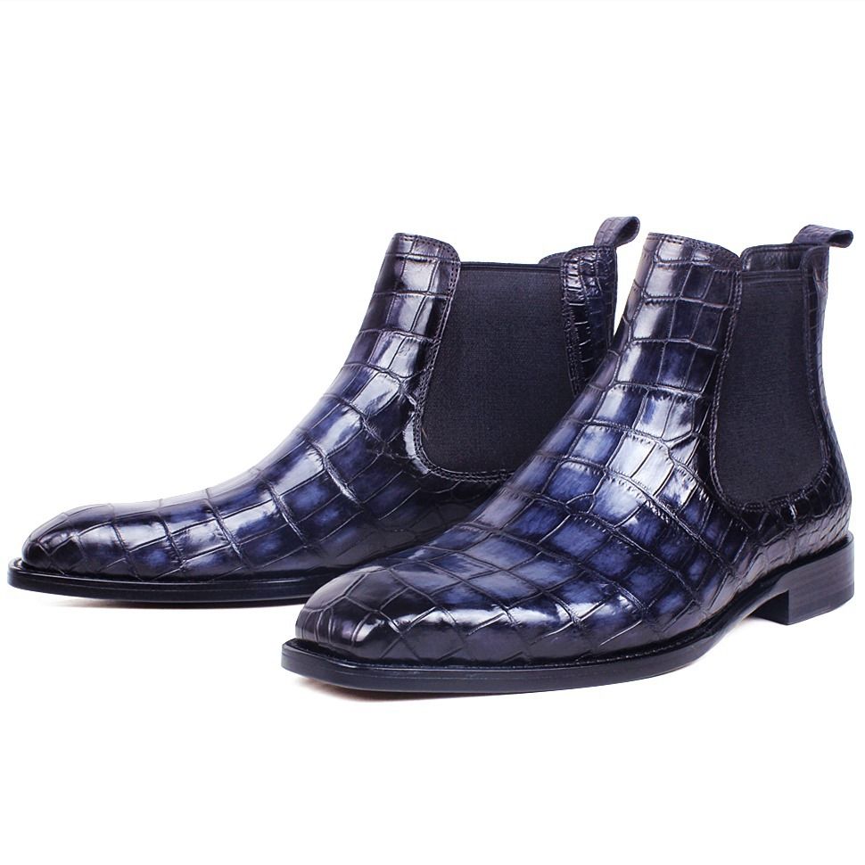 Mens Slip On Leather Ankle Work Boots Shoes Crocodile Print Men's Low_vogvips.com