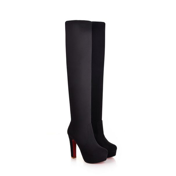 Factory 19 New Style Long Tube Elastic Suede Platform High Chunky Heel Over-the-Knee Boots Plus Size Women's Shoes_vogvips.com