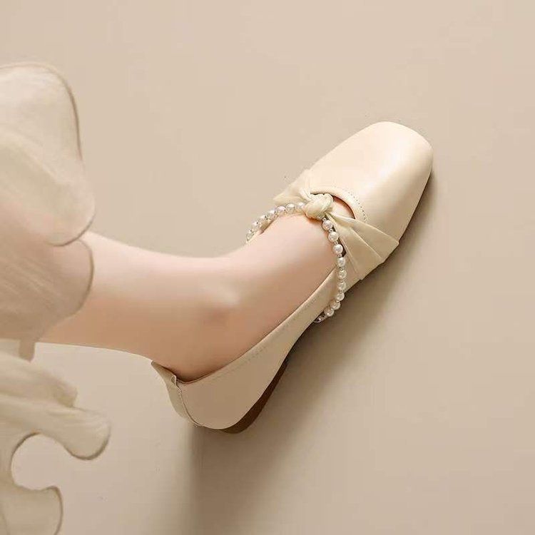 Fairy-style Wanwan Shallow For Women, 2026 Spring-summer New Model, Beaded Square-toed Soft Leather Soft-soled French_vogvips.com