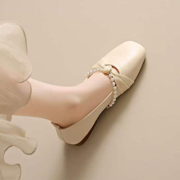 Fairy-style Wanwan Shallow For Women, 2026 Spring-summer New Model, Beaded Square-toed Soft Leather Soft-soled French_vogvips.com