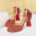 Sequined Square Head High Heels Thick Heel Waterproof Back Bow Pearl One-button Sandals Wedding Shoes_vogvips.com