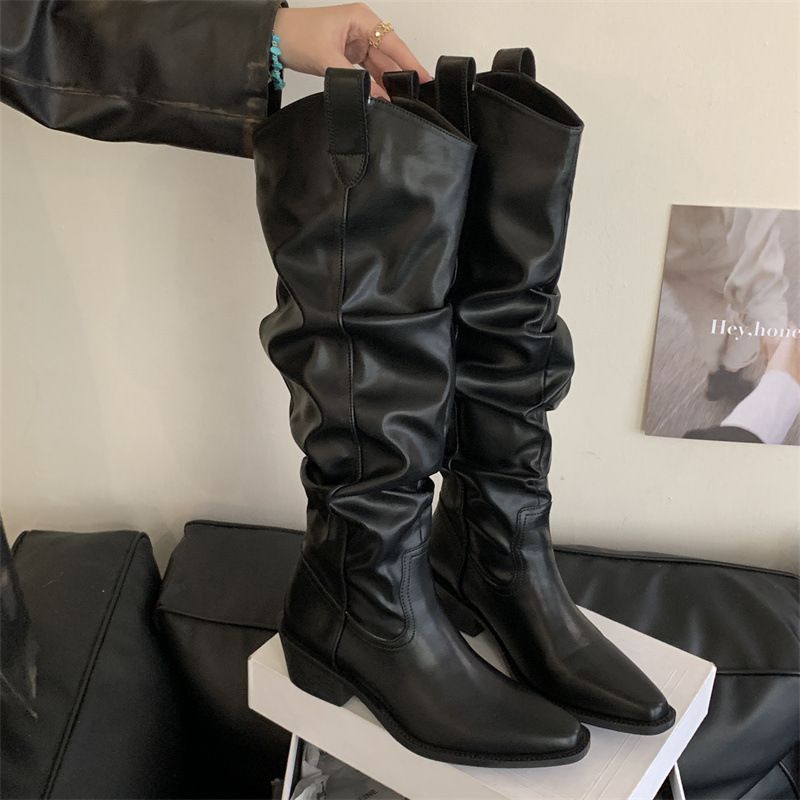 Miting Vintage Style Pleated Pointed Toe Chunky Heel High-Tube Long Boots, Versatile And Unique Western Cowboy Boots For_vogvips.com