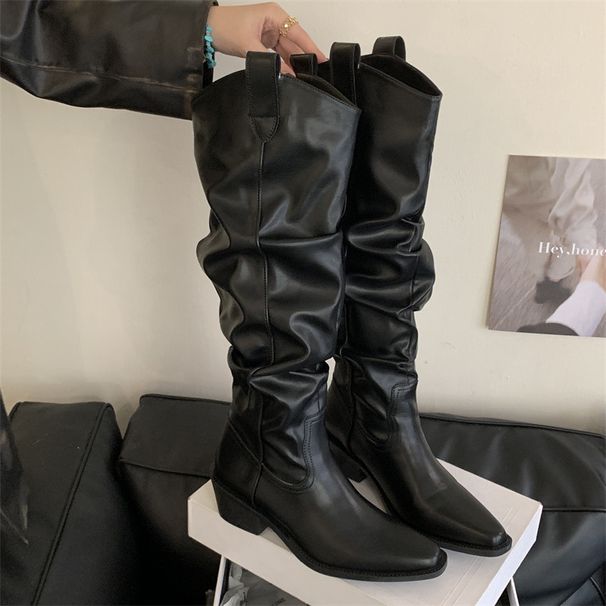 Miting Vintage Style Pleated Pointed Toe Chunky Heel High-Tube Long Boots, Versatile And Unique Western Cowboy Boots For_vogvips.com