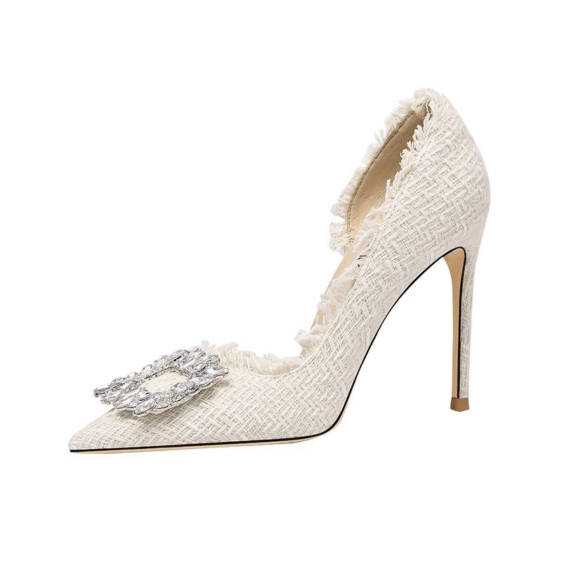 Fattened And Widened High Heels Women's Thin Heels Rhinestone Small Fragrant Wind Side Empty Single Shoes Large Size Women's Shoes 41 To 44_vogvips.com