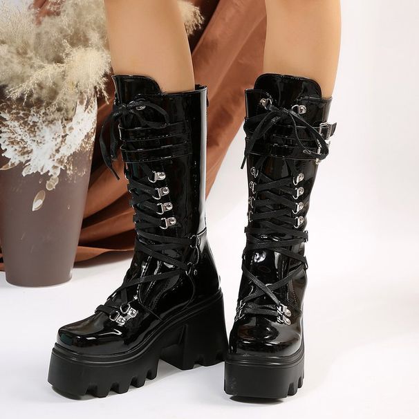 Women's Shoes Autumn And Winter New Rivet Buckle Thick Heel Mid Calf Boots Women's Punk Style Knight Boots Women_vogvips.com