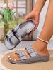Women's Youth Mules New Summer Retro Casual Slip-On Shoes Eva One-Piece Double-Strap Half-Slip Flat Slippers With Adjustable Buckle_vogvips.com