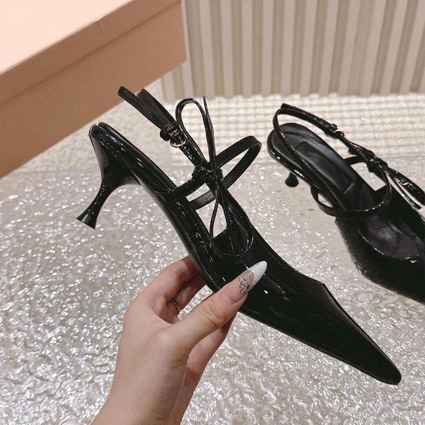 French Style Kitten Top Quality Heel High Heels For Women Summer Patent Leather Pointed One Strap Open Back Stiletto Closed Toe_vogvips.com