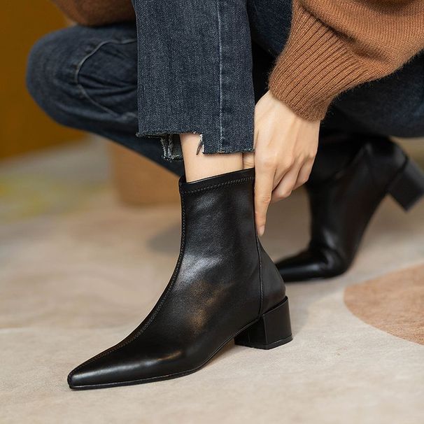 Milk Tea Pointed Toe Small Size Short For Women, Mid Genuine Leather Back Zipper Stretch Slim Boots, Nude Color Chunky_vogvips.com