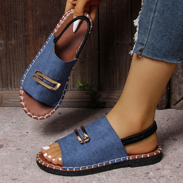 Women's Shoes New Flat Sandals For Women Fabric Elastic Band Metal Decorations Large Size Shoes Beach Shoes_vogvips.com