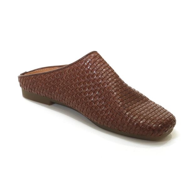 Minimalist Handmade Horsehide Design Half-Slipper Genuine Leather Slip-On Flat Breathable Women's Woven Closed-Toe Slippers ZH692-1_vogvips.com