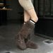 Furry Snow Boots For Women Winter 2024 New Style Warm Mid-Calf Cross Strap Rivet Non-Slip Cotton Shoes Low Heel_vogvips.com