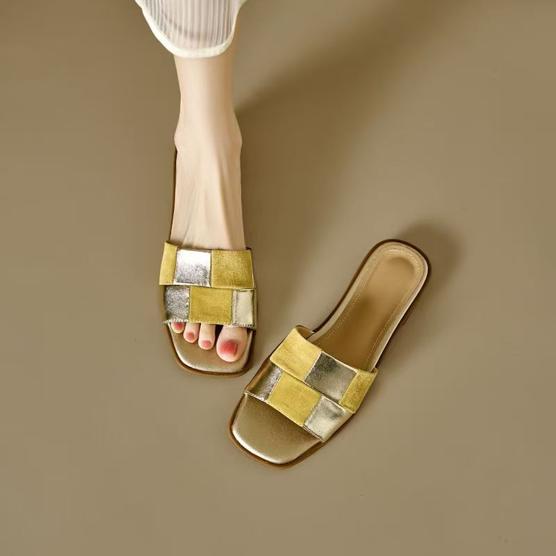 Women's Square-toed Shoes, Fashionable French Style 2026 New Model, Woven Summer Slip-on Flat Sandals For Outdoor Wear_vogvips.com