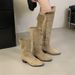 Girl Next Door, Millennium Style~! Retro Square-Toed, Ruched, Chunky-Heeled Stacked Fashion Boots, Mid-Calf Cowboy Boots_vogvips.com