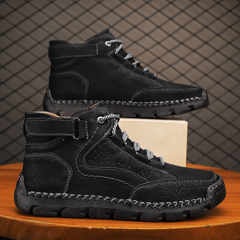 Large Size Men's Leather Boots, Men's Fashion Hand-stitched Ankle Boots Flat-bottomed Lace-up Casual Shoes_vogvips.com
