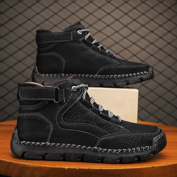 Large Size Men's Leather Boots, Men's Fashion Hand-stitched Ankle Boots Flat-bottomed Lace-up Casual Shoes_vogvips.com