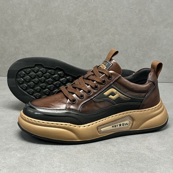Autumn New Genuine Leather Sneakers British Style Versatile Casual Lightweight Soft Men's Trendy Shoes Thick Sole_vogvips.com