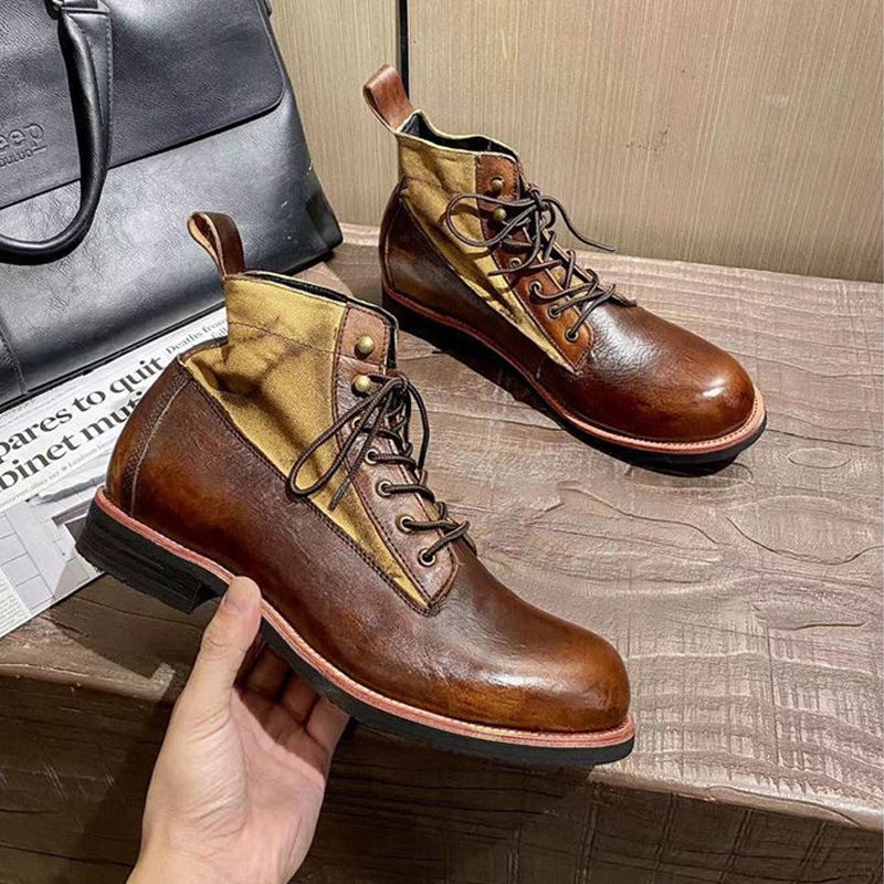 Vintage Japanese Style Waxed Leather Motorcycle Boots - Distressed Amekaji Martin Boots With Wool Lining For Winter (Unisex)_vogvips.com