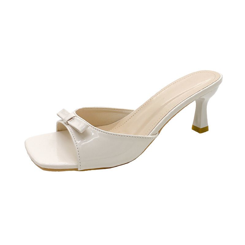 French Style High Heel Slippers For Women 2024 New Summer Outdoor Square Toe Stiletto One-Strap Bowknot Sandals_vogvips.com